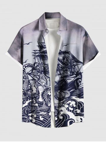 Plus Size Octopus Sea Waves Sailboat Cruise Print Buttons Pocket Hawaii Shirt For Men - GRAY - 6XL