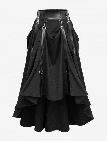 PU Striped O-ring Buckles Textured Plisse Skirt - BLACK - M