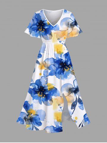Plus Size Ombre Watercolor Flower Print Hawaii Split Pocket A Line Midi Dress - WHITE - XS