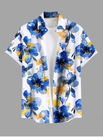 Plus Size Ombre Watercolor Flower Print Hawaii Button Pocket Shirt For Men - BLUE - XL