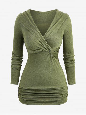 Surplice Twist Ruched Solid Color Long Sleeves Top - DEEP GREEN - XXXL