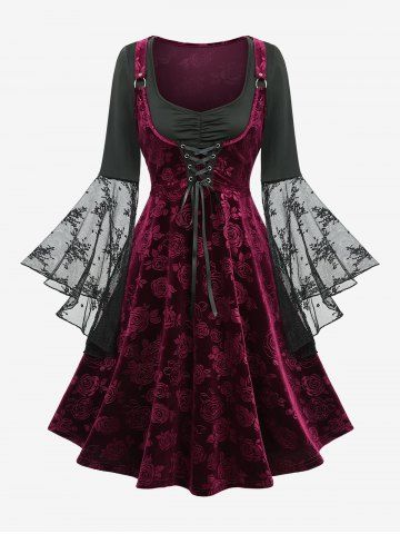 Lace Flare Sleeve Rose Flower Velvet Embossed Lace-up Ruched 2 in 1 A Line Dress - DEEP RED - XXXL