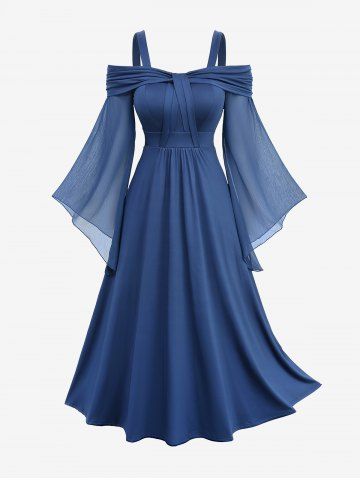 Sheer Mesh Flare Sleeves Cold Shoulder Ruched Midi Tank Dress - DEEP BLUE - L
