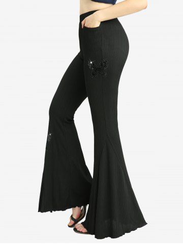 Sequins Butterfly Applique Ribbed Pockets Solid Flare Pants - BLACK - S