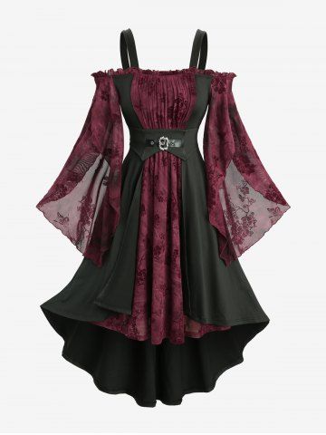 Flowers Flocking Mesh Ruffles Ruched Panel Cold Shoulder Tulip Hem Flare Sleeves Dress - DEEP RED - XXL