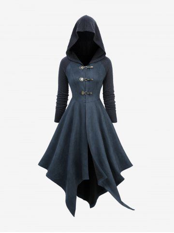 Cable Knit Patchwork Buckle Asymmetrical Hooded Coat - DEEP BLUE - S
