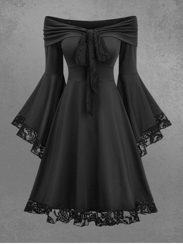 Gothic Flower Lace Trim Off The Shoulder Flare Sleeves A Line Dress - BLACK - L