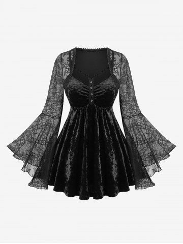 Haut à bretelles en velours gaufré à manches évasées et dentelle florale - BLACK - XL