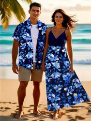 Tenue de plage hawaïenne assortie grande taille à imprimé tropical fleurs et feuilles pour couples - Bleu 