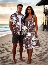 Tenue de plage hawaïenne assortie grande taille avec imprimé tête de mort, feuilles tropicales et fleurs d'hibiscus pour couples - café 