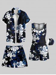 Matching Hawaii Shirt Shorts and Romper Plus Size Beach Outfit Ombre Hibiscus Flower Leaf Branch Print For Couples -  