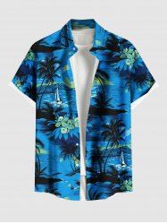 Chemise hawaïenne grande taille à imprimé cocotier, hibiscus, fleurs et paysage marin, avec poches boutonnées pour homme - Bleu 6XL