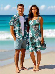 Coconut Tree Tropical Leaf Hibiscus Flower Print Plus Size Matching Hawaii Beach Outfit For Couples -  