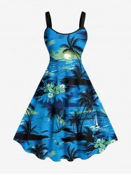 Robe débardeur grande taille à imprimé paysage marin hawaïen, motif cocotier, hibiscus et fleurs - Bleu Ciel 5X