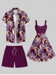 Tenue de plage hawaïenne assortie grande taille à imprimé fleurs et feuilles pour couples - Pourpre  