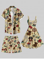 Tenue de plage hawaïenne assortie grande taille pour couple, motif tête de mort, pirate, rose, fleur, bateau, gouvernail, sirène, croisière - café lumière 