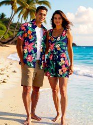 Ensemble chemise et barboteuse hawaïennes assorties, grande taille, tenue de plage à imprimé feuilles tropicales et fleurs pour couples - Bleu 