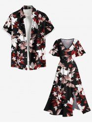 Tenue de plage hawaïenne assortie grande taille à imprimé fleurs, feuilles et étoiles pour couples - Noir 