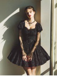 Gothic Chrysanthemum Floral Jacquard Ruched Bust Half Button Front Opening A Line Dress -  