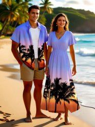 Coconut Tree Ombre Sunset Dusk Print Plus Size Matching Hawaii Beach Outfit For Couples -  