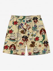 Plus Size Rose Flower Skulls Pirate Mermaid Cruise Print Hawaii Beach Shorts For Men -  