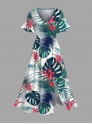 Plus Size Tropical Leaf Flowers Print Split Hawaii Midi Dress -  