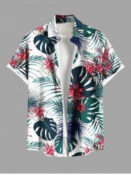 Plus Size Tropical Leaf Flowers Print Buttons Pocket Hawaii Shirt For Men -  