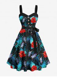 Plus Size Hibiscus Flower Tropical Leaf Print Buttons Turn Down Collar Hawaii Dress With Belt -  
