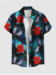 Plus Size Hibiscus Flower Tropical Leaf Print Buttons Pocket Hawaii Shirt For Men - Noir L