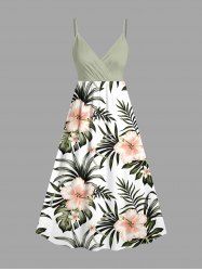 Plus Size Hibiscus Flowers Tropical Leaf Print Surplice Hawaii Cami Dress -  