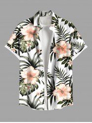 Plus Size Hibiscus Flowers Tropical Leaf Print Buttons Pocket Hawaii Shirt For Men -  