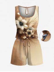 Plus Size Flowers Pearl Ombre Print Cinched Hawaii Romper - café S