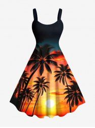 Robe débardeur grande taille à imprimé cocotier, soleil, ombré, crépuscule, style hawaïen, coupe trapèze - Noir 4X
