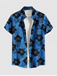 Chemise hawaïenne grande taille à imprimé feuilles tropicales et fleurs d'hibiscus ombré avec poches boutonnées pour homme - Bleu 2XL