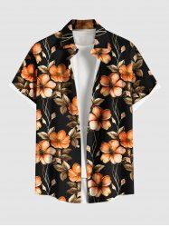 Plus Size Hibiscus Flower Leaf Branch Print Hawaii Button Pocket Shirt For Men -  