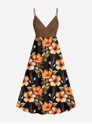 Plus Size Hibiscus Flower Leaf Branch Print Hawaii Surplice A Line Cami Dress -  