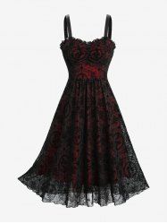 Gothic Flower Flocking Mesh Ruffles Ruched Tank Dress -  