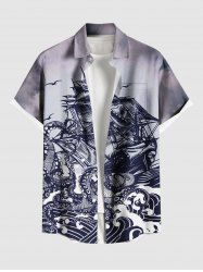 Plus Size Octopus Sea Waves Sailboat Cruise Print Buttons Pocket Hawaii Shirt For Men -  