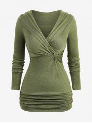 Surplice Twist Ruched Solid Color Long Sleeves Top -  