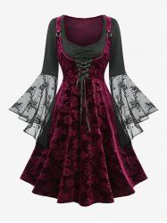 Lace Flare Sleeve Rose Flower Velvet Embossed Lace-up Ruched 2 in 1 A Line Dress -  