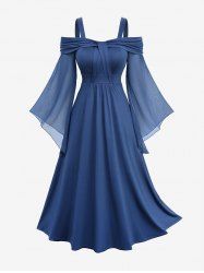 Robe midi débardeur à manches évasées en maille transparente, épaules dénudées et froncée - Bleu profond L