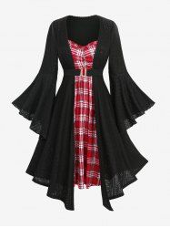 Robe 2 en 1 à manches évasées, imprimé à carreaux, froncée, en maille ajourée jacquard, avec ceinture amovible - Noir M