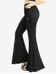 Pantalon évasé uni à poches côtelées et application papillon à sequins - Noir S