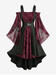 Flowers Flocking Mesh Ruffles Ruched Panel Cold Shoulder Tulip Hem Flare Sleeves Dress -  