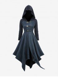 Manteau asymétrique à capuche en maille torsadée patchwork et boucle - Bleu profond XXL