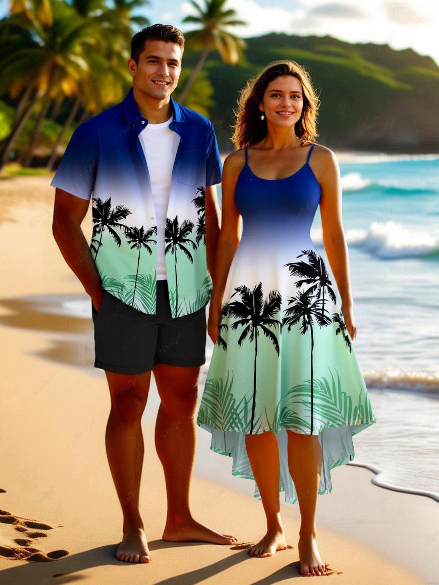 Shop Coconut Tree Ombre Colorblock Print Plus Size Matching Hawaii Beach Outfit For Couples  