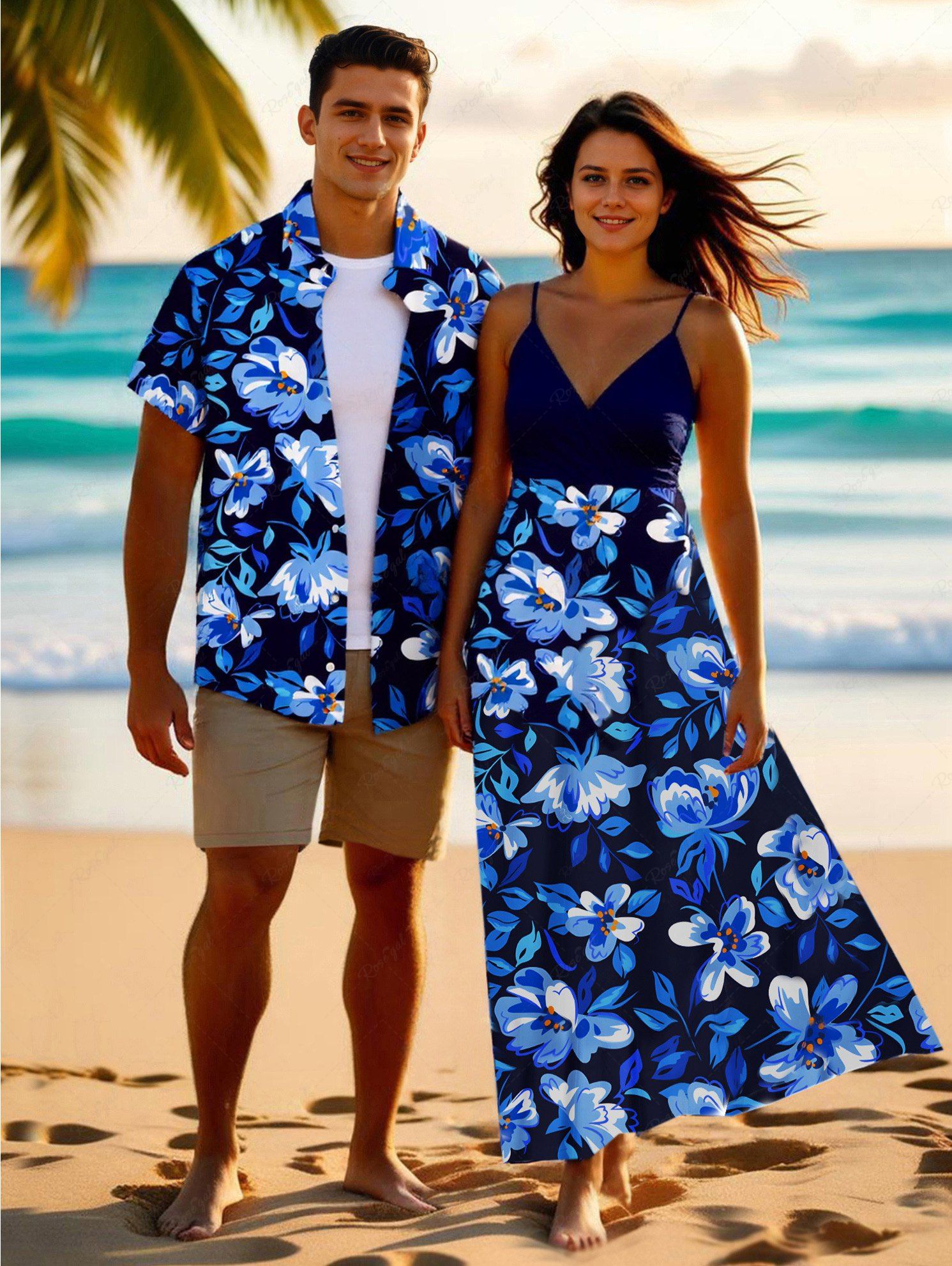 Tenue de plage hawaïenne assortie grande taille à imprimé tropical fleurs et feuilles pour couples Bleu 