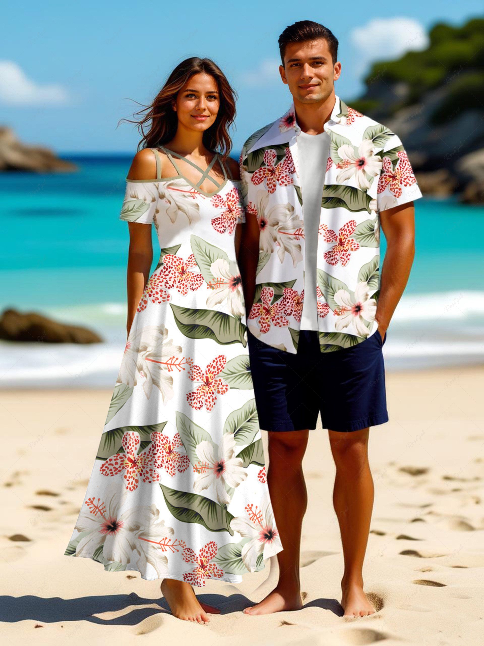 Tenue de plage hawaïenne assortie grande taille à imprimé tropical, fleurs d'hibiscus et feuilles, pour couples Blanc 