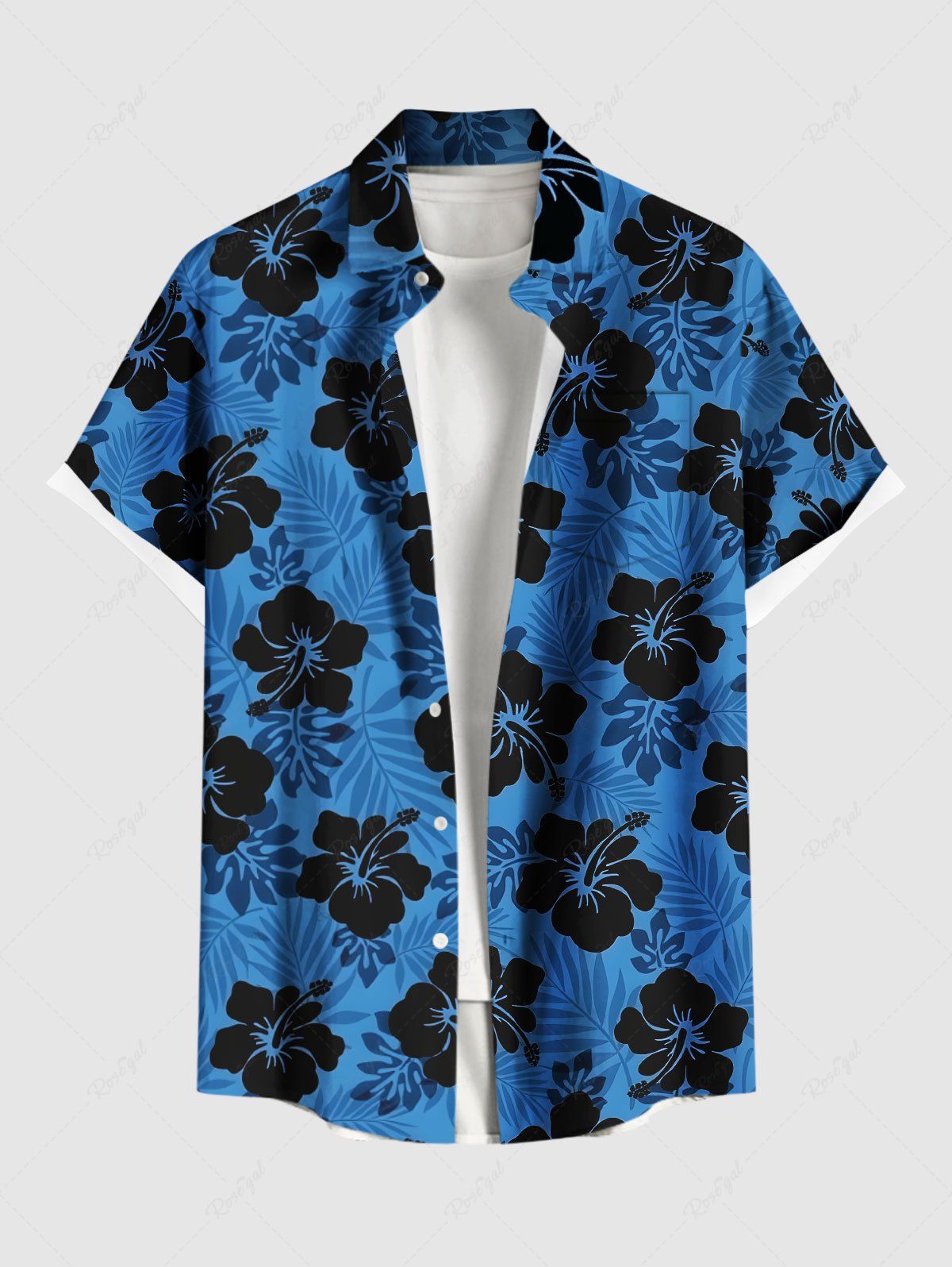Chemise hawaïenne grande taille à imprimé feuilles tropicales et fleurs d'hibiscus ombré avec poches boutonnées pour homme Bleu 2XL
