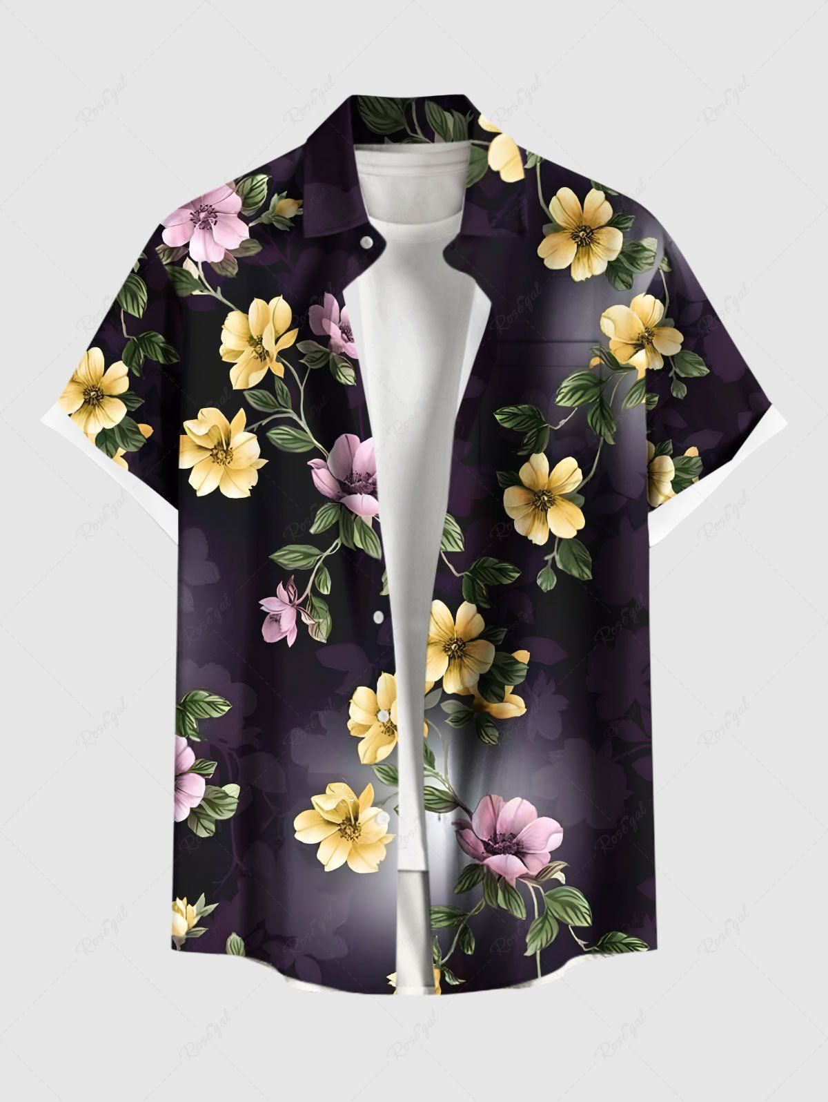 Chemise hawaïenne grande taille à imprimé floral, feuilles et branches, avec poches boutonnées et ombrées, pour homme Noir 5XL